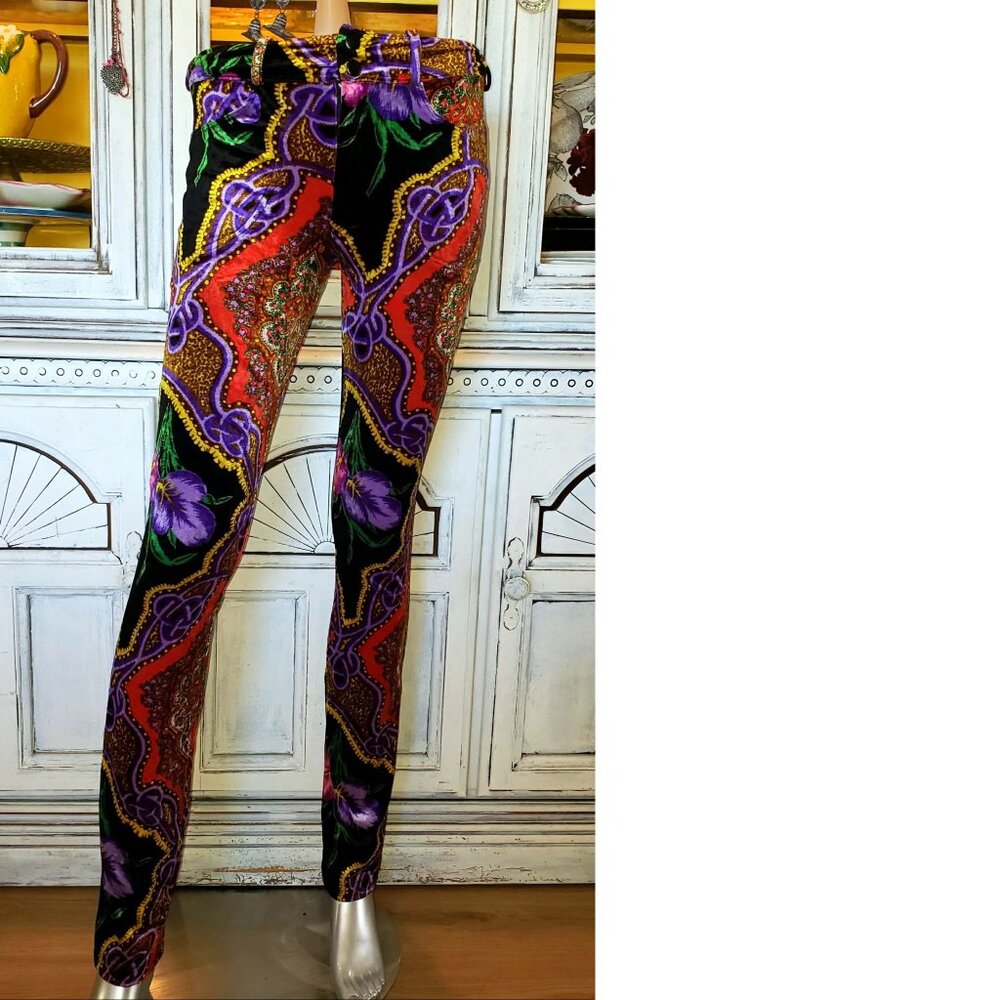 Vintage Betsey Johnson Floral Leopard Stretch Velvet Jeans Pants Dress Top Shirt - Picture 12 of 16